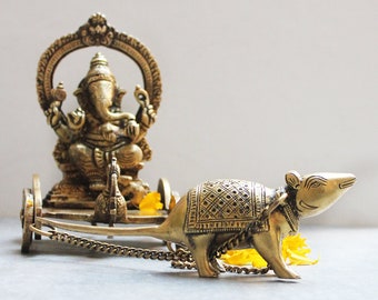 ヴィンテージ真鍮製ガネーシャ神馬車（ネズミのヴァハンに操られる