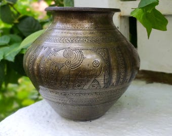 Vintage Hand Engraved Brass Lota Vessel | Indian Elephant & Peacock Decor