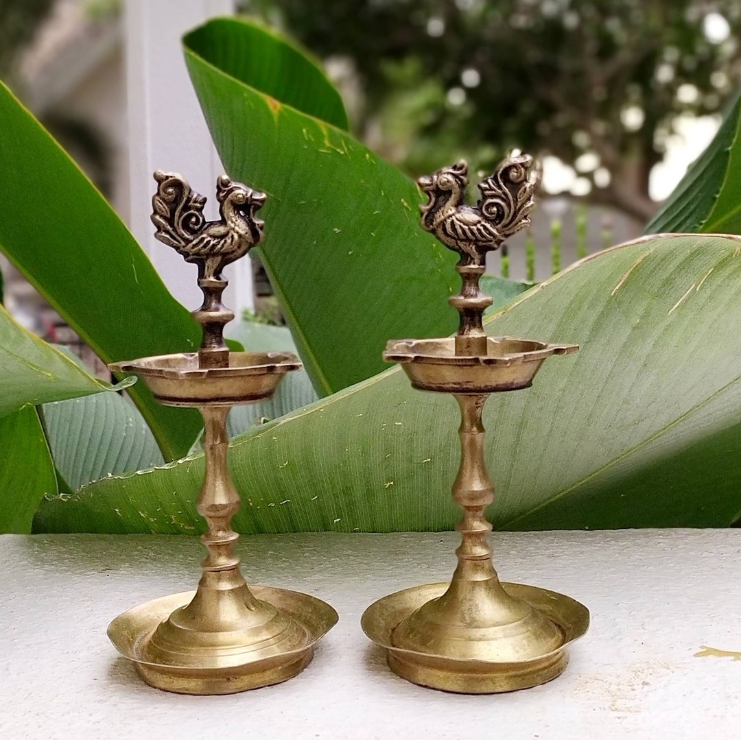Vintage Pair of Exquisite Brass Oil Lamps With 5 Diyas Etsy
