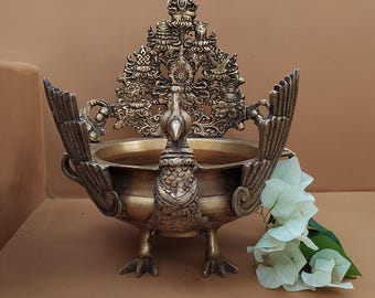 Handcrafted Brass Peacock Urli, Traditional Floating Flower Bowl (29x20x23 cm)