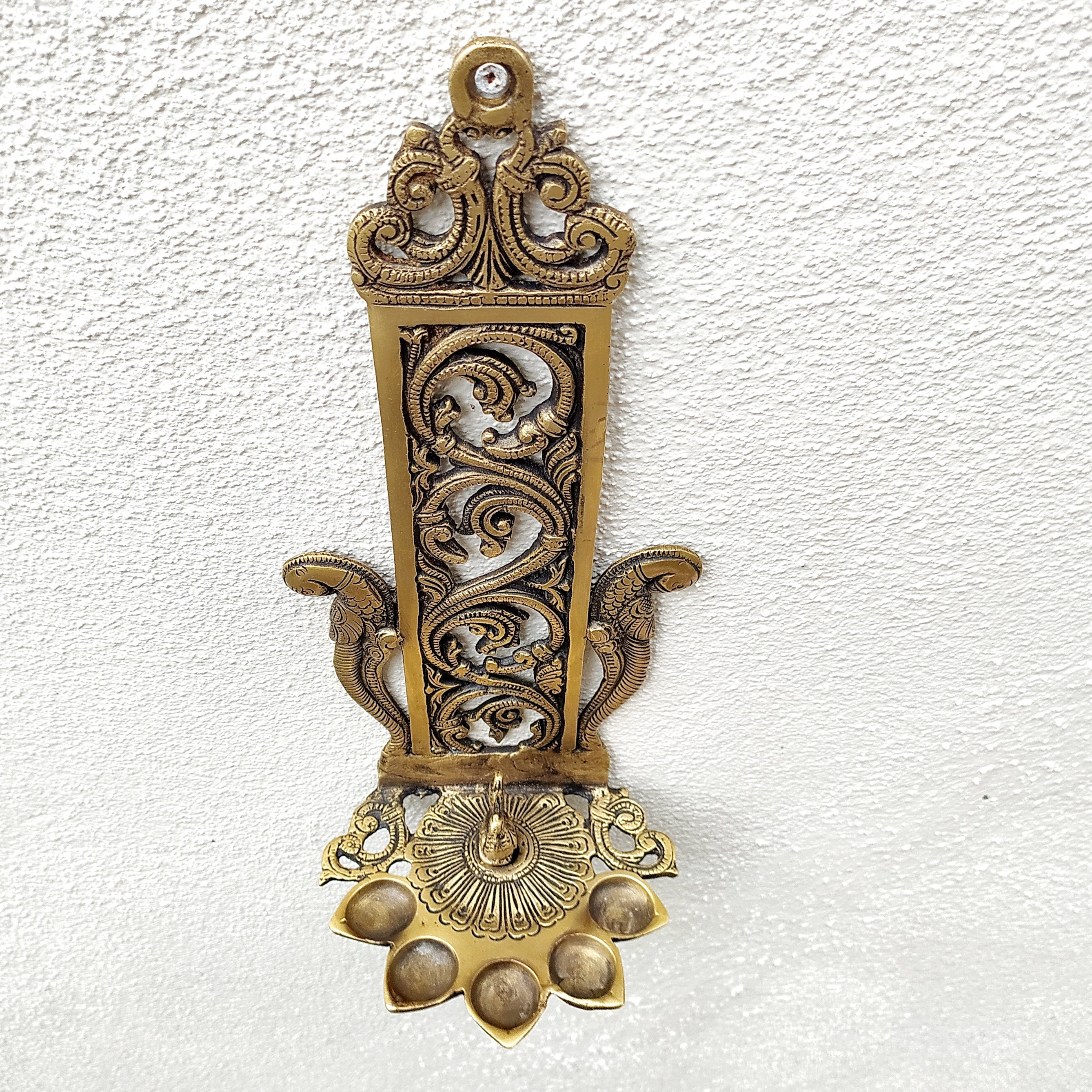 Divine Brass Oil Lamp With 5 Diyas, Mythical Hamsa, Vintage Lamp