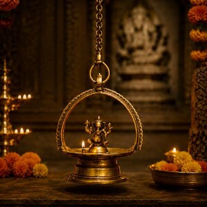 May include: A hanging brass oil lamp featuring a central figurine of the deity Ganesha. The lamp is suspended by a metal chain and includes a small lit wick. The circular base and arched frame are crafted from polished brass with intricate detailing.