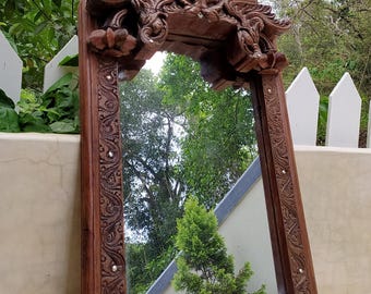 Hand Carved Sheesham Wood Mirror: Vintage Rajasthani Wall Art (82x51 cm