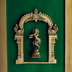 Majestic Brass Framed Prabhavali On Emerald Green Raw Silk With Lord Krishna, Halo of The Gods, Ht 45 cm x W 35 cm, Home Decor, Wall Decor