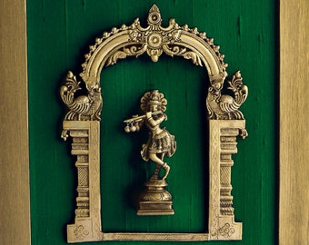 Majestic Brass Framed Prabhavali On Emerald Green Raw Silk With Lord Krishna, Halo of The Gods, Ht 45 cm x W 35 cm, Home Decor, Wall Decor