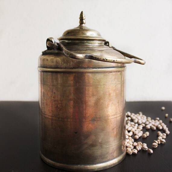 Vintage Traditional Brass Storage Canister With A Lid And Handle Height 32 Cm X Dia 17 Kitchen Accessory Home Decor