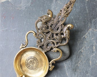 Brass Oil Lamp Diya | Vintage Filigree, Twin Parrot Handle