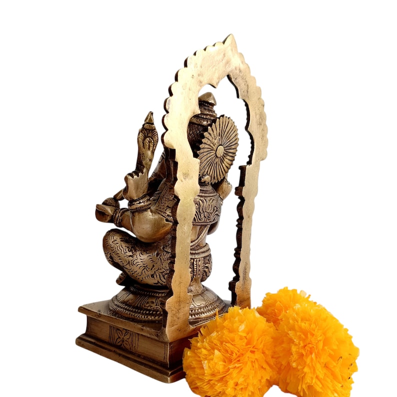 Brass Ganesha Idol with Prabhavali, Hindu Temple Decor (22.5 x 12 cm) image 6