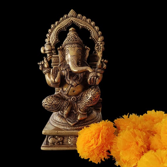 Brass Ganesha Idol with Prabhavali, Hindu Temple Decor (22.5 x 12 cm)