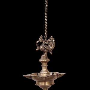 Vintage Brass Oil & Wick Lamp of The Mythical Hamsa - 58 cm Tall, Home Decor, Brass Lamp With Chain, Ethnic Decor