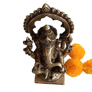 Brass Ganesha Idol with Prabhavali, Hindu Temple Decor (22.5 x 12 cm) image 7