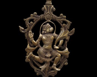 Handcrafted Brass Hanuman Plaque, Hindu Wall Decor (34x21 cm)