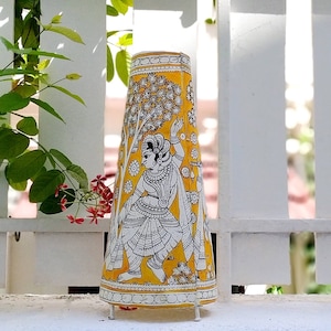 Kalamkari Style Leather Lampshade With Lord Krishna In Vibrant Yellow On White, Height 44 cm, Home Decor, Interior Design, Handmade