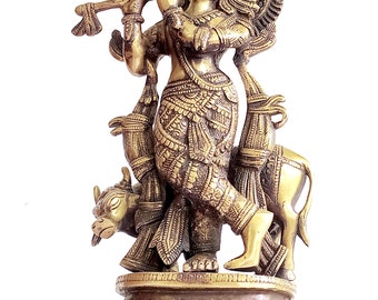 Lord Krishna Brass Sculpture with Sacred Cow, Indian Religious Decor