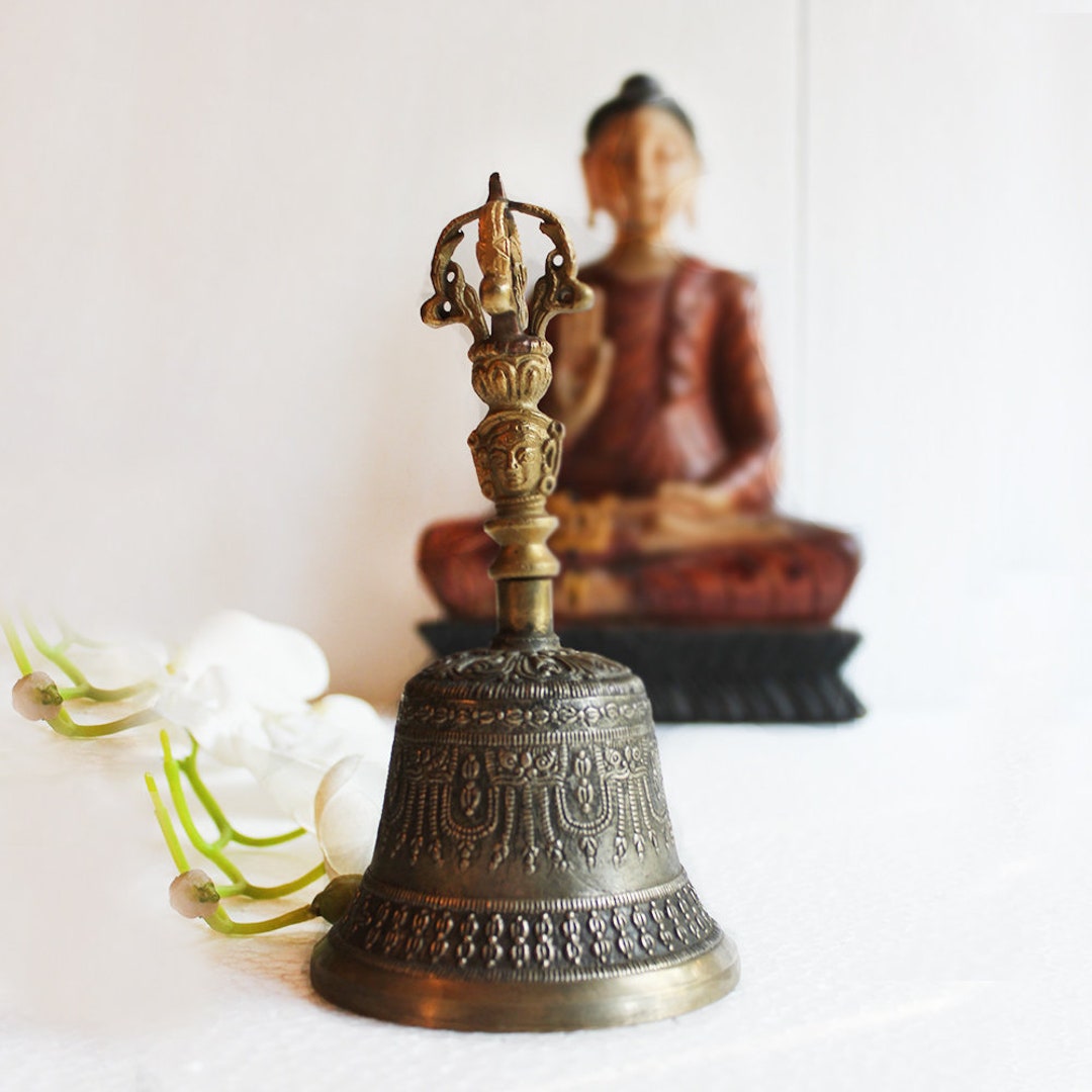 Vintage Buddhist Brass Bell for Meditation With Sound of Om & Vajra