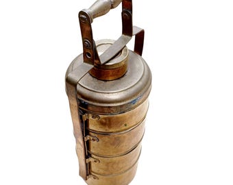 Vintage Brass Tiffin with 4 Containers, Indian Food Carrier