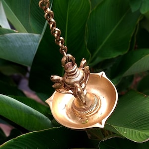 Exquisite Brass Oil And Wick Lamp With 6 Peacocks On A Chain, L 60 cm x Dia 15 cm, Handengraved oil Lamp From South India, Home Decor