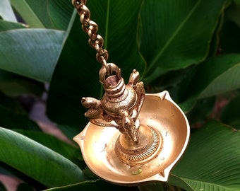 Hand-Engraved Brass Peacock Oil Lamp, South Indian Decor (L 60 cm)