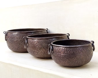 Handcrafted Brass Planter Set, Embossed Floral Design, Indian Home Decor