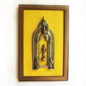 Vintage Brass Prabhavali With Mythical Yali & Hindu Deity Deep Lakshmi Framed On Gold Raw Silk, H 45 cm x W 35 cm, Handcrafted Temple Frame
