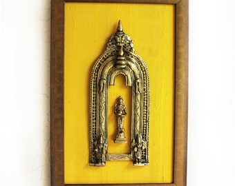 Vintage Brass Prabhavali With Mythical Yali & Hindu Deity Deep Lakshmi Framed On Gold Raw Silk, H 45 cm x W 35 cm, Handcrafted Temple Frame