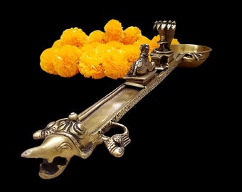Brass Ritual Spoon Uddharani, Nandi and Shiva Linga, Temple Decor