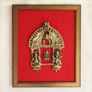 Magnificent Brass Temple Prabhavali With Temple Worshippers & Lord Ganesha Framed On Red Raw Silk, H45 cm x W 35 cm, Handcrafted, Home Decor
