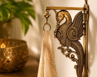Ornate Brass Parrot Wall Hook, Handcrafted Home Decor (Ht 31 cm x W 15 cm)