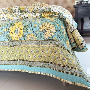 Reversible Jaipuri Cotton Comforter, Quilt, Bedspread, Block Printed With Pastel Green & Yellow Spring Floral Prints,  L 260 x W 215 cm