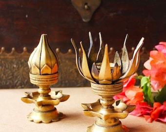 Vintage Brass Lotus Oil Lamps: Handcrafted Indian Home Decor