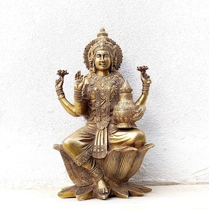 Brass Sculpture of Lakshmi - Goddess of Wealth & Prosperity On Lotus Flower, Ht 30 cm x W 18 cm, Religious Home Decor, Auspicious Lakshmi