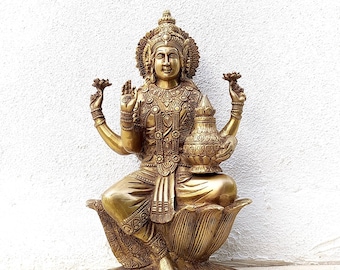 Brass Lakshmi Sculpture – Hindu Goddess of Wealth on Lotus