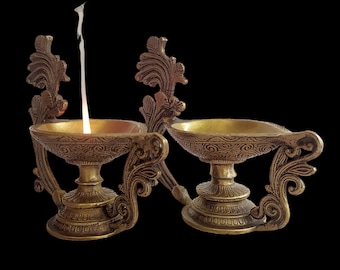Ornate Brass Oil Lamps, Traditional South Indian Vilakku Pair