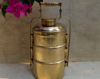 Vintage Brass Tiffin, Indian Tradition Kitchen Accessory, 3 Containers