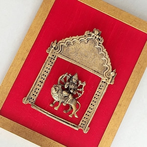 Vintage Brass Temple Prabhavali With Goddess Durga, Warrior Goddess, Halo Of Gods Framed On Raw Silk, Frame Ht 45 x W 35 cm, Home Decor