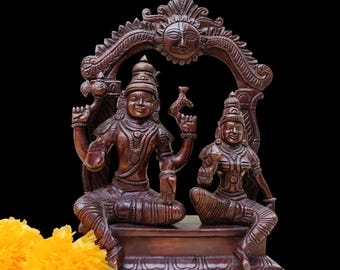 Brass Shiva Parvati Sculpture, Brown Patina Finish, Hindu Home Decor