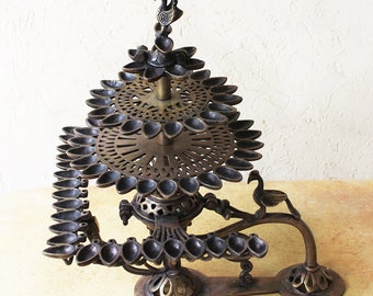 Heritage Majestic Brass Gange Maha Arti | Prayer Lamp With 85 Diyas - Ht 44 cm x L 34 cm x W 30 cm, Home Decor, Brass Peacock Lamp,