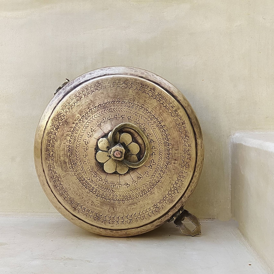 Traditional Brass Bread Box Chappati Dabba With Floral Motifs, Dia 24