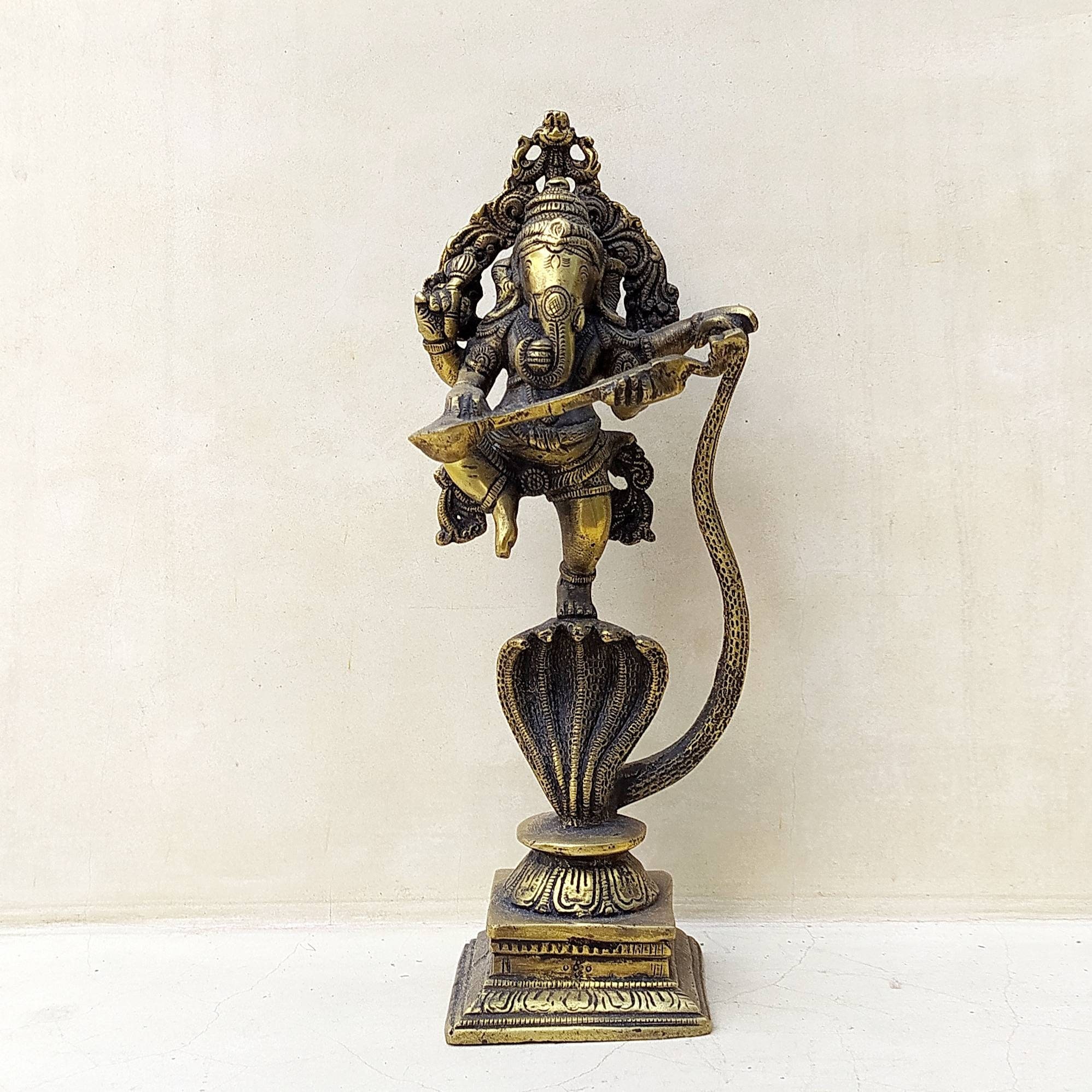 Lord Ganesha Dancing on Kaliya, The 5 Headed Serpent, Ht 26 cm x W 11 cm, Religious Home Decor, Ganesha God Of Wisdom,