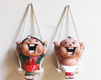 Exquisite Pair Of Terracotta Fun Figures oF Indian Priest & His Wife On Swing, Ht 35 cm x W 13 cm x D 15 cm, Wall Hanging, Ethnic Home Decor