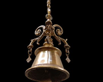Ornate Brass Temple Bell with Chain, Puja Room Decor (77cm)
