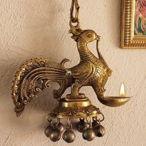 The Dancing Peacock Oil Lamp With Ghungroos or Bells, Length 80 cm, Home Decor, Handcrafted Brass Peacock Oil Lamp, Auspicious Lamp