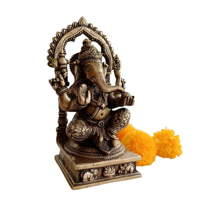 Brass Ganesha Idol with Prabhavali, Hindu Temple Decor (22.5 x 12 cm) image 2