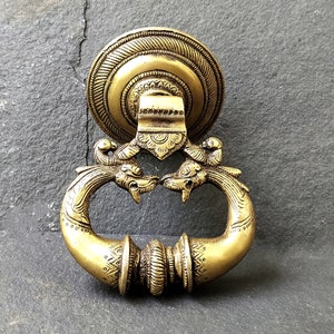 Majestic Brass Door Knocker With Twin Mythical Yalis , Vintage Door Pull, Vintage Home Decor, Door Knocker With Peacocks, Ht 12 x W 12 cm