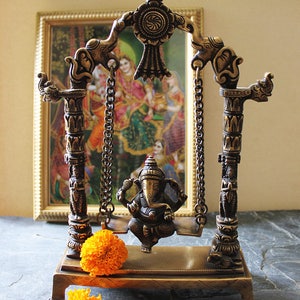 Hindu Elephant God Ganesha On Vintage Brass Swing With Elephants & Yali, Prabhavali, Ganesha Temple Frame, H 33 cm x W 22 cm, Elephant God