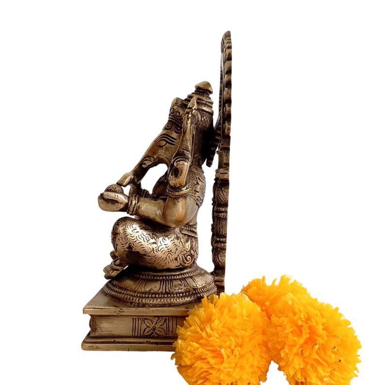 Brass Ganesha Idol with Prabhavali, Hindu Temple Decor (22.5 x 12 cm) image 8