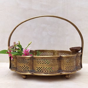Traditional Vintage Flower Basket Handcrafted In Brass, Pooja Sajja, L 28 cm x W 21 cm x H 22 cm, Brass Flower Basket, Vintage Home Decor