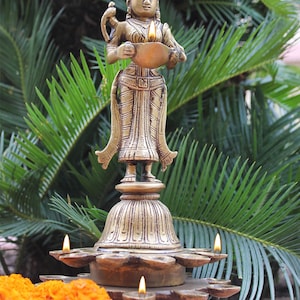 Indian Goddess Meenakshi - Avatar of Goddess Parvati,  28 cm Tall Brass Sculpture With 21 Diyas | Oil Lamps, Vintage Brass Sculpture