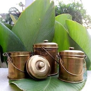 Collection Of 3 Vintage Brass Oil Containers With Handles, Brass Pails, Ht 13 & 10 cm, Kitchen Accessory, Home Decor, Brass Containers