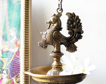 Exquisite Vintage Peacock Oil Lamp Diya On A Chain, L 80 cm x Dia 14 cm, Peacock Oil Lamp, Hand Crated Oil And Wick Lamp, Home Decor
